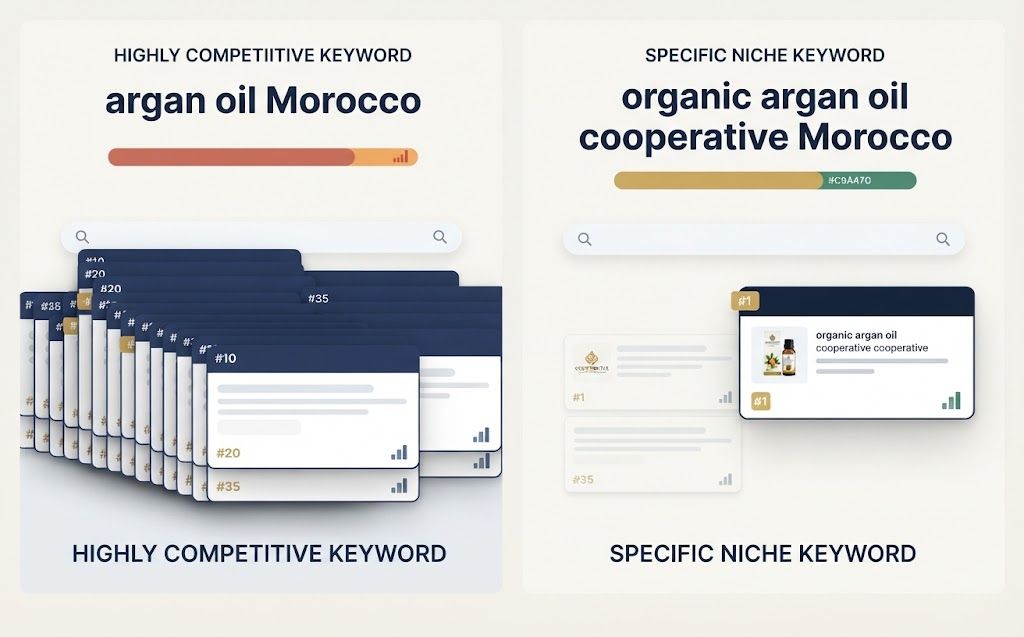 Comparison between a competitive keyword and a long-tail keyword for a Moroccan cooperative