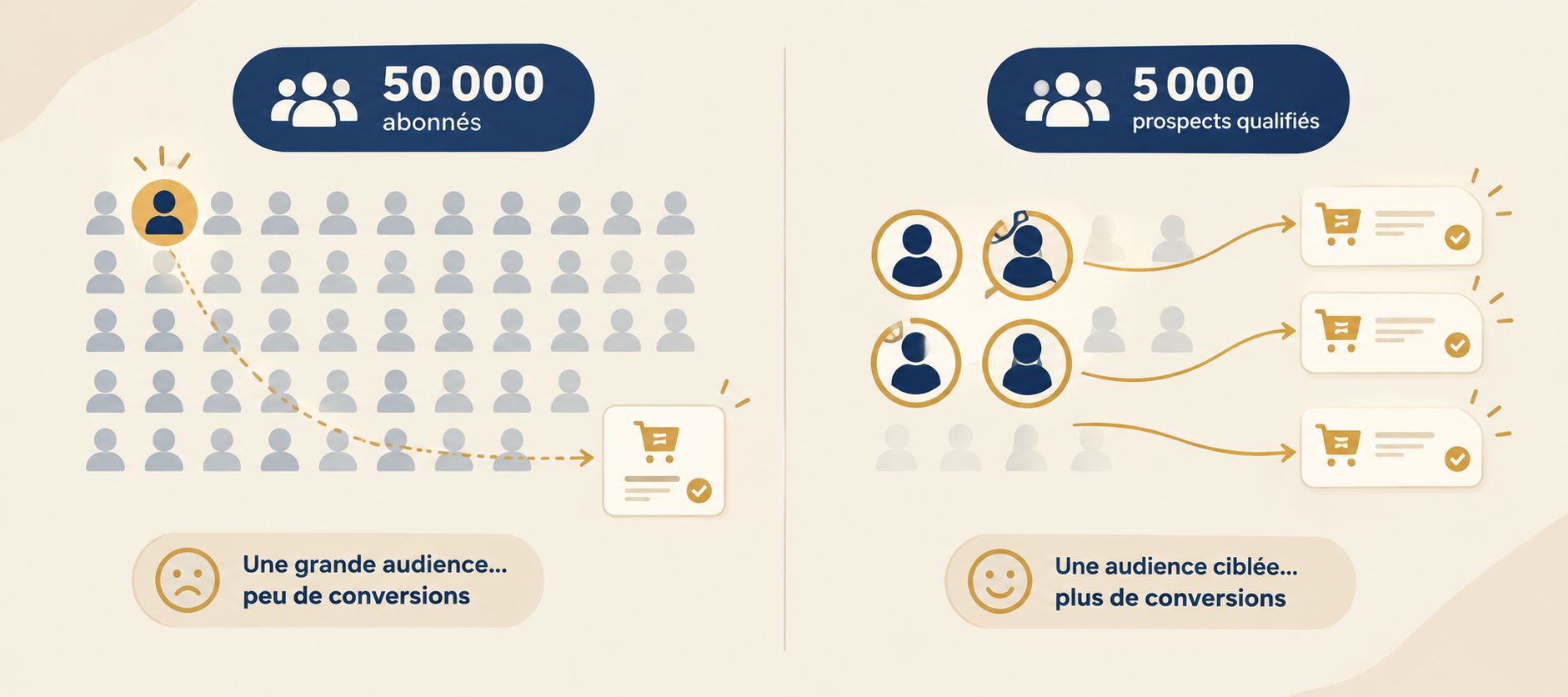 Comparaison entre une grande audience de followers et une audience ciblée générant davantage de commandes