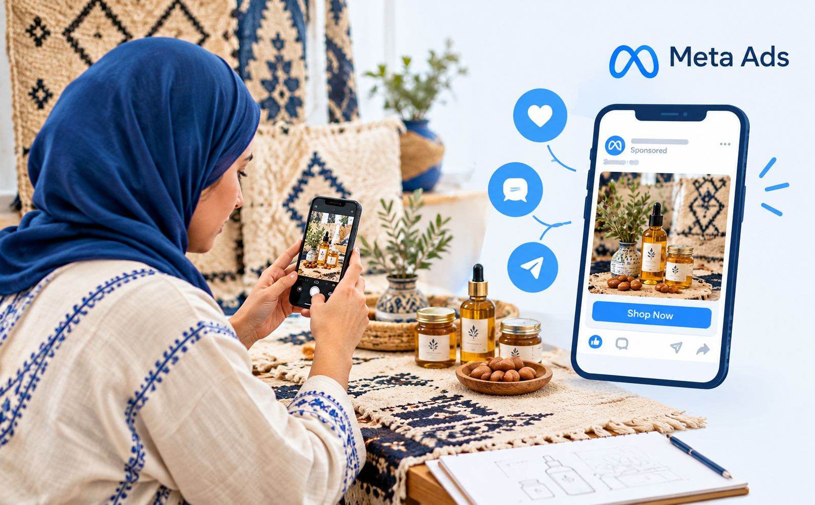 Member of a Moroccan cooperative creating visual content for a Meta Ads campaign