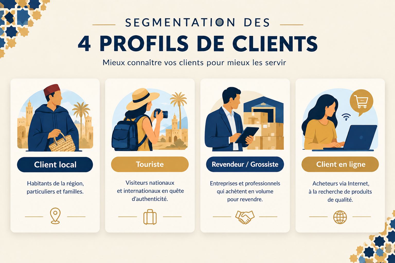 Target customer profiles for a Moroccan cooperative: local, tourist, reseller, and online