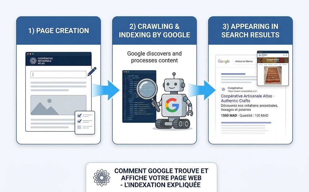 Diagram showing how Google discovers, indexes, and displays a web page