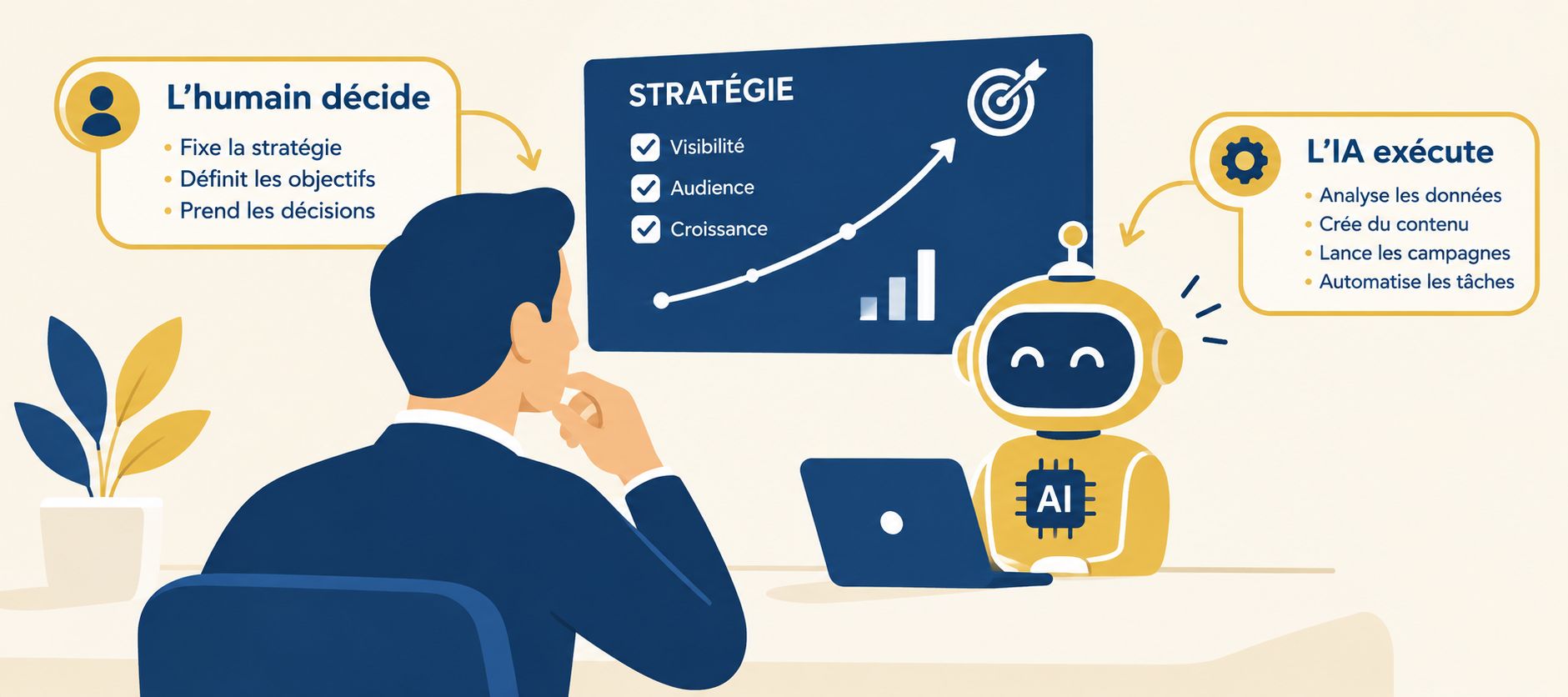 A cooperative manager makes the strategic decisions while artificial intelligence plays the role of an execution tool