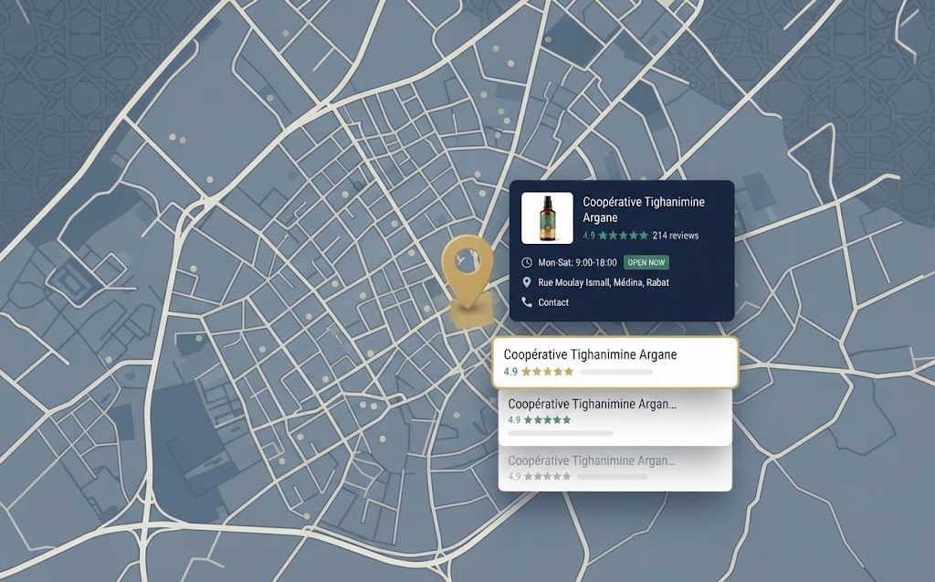 Highlighted local business listing illustrating local SEO for a Moroccan cooperative