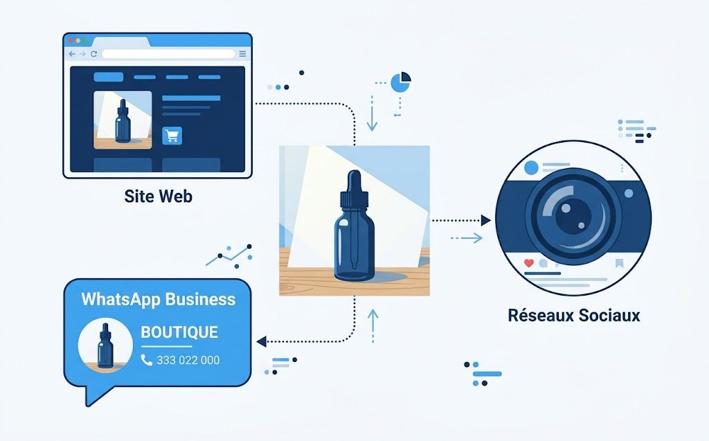 Illustration of a single product photo adapted for a website, social media, and WhatsApp Business