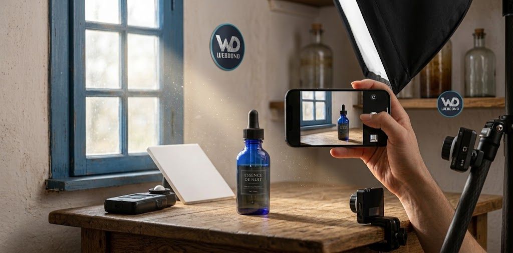 Prise de vue d'un flacon "Essence de Nuit" sur table en bois avec smartphone, éclairage studio