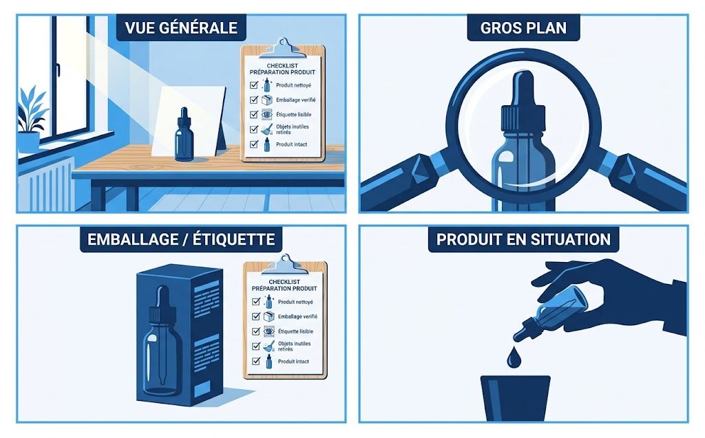 Illustration of the four framing types: overview shot, close-up, packaging, and product in use