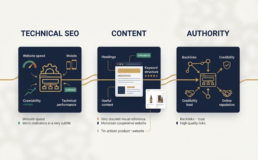 Three SEO pillars for a Moroccan cooperative: technical SEO, content and authority