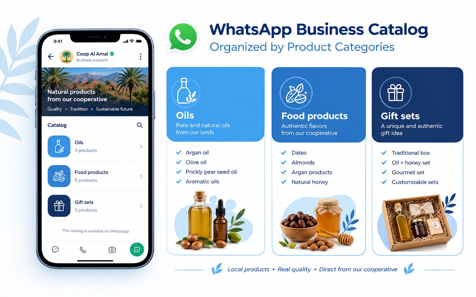 WhatsApp Business catalog organized by product categories for a Moroccan cooperative