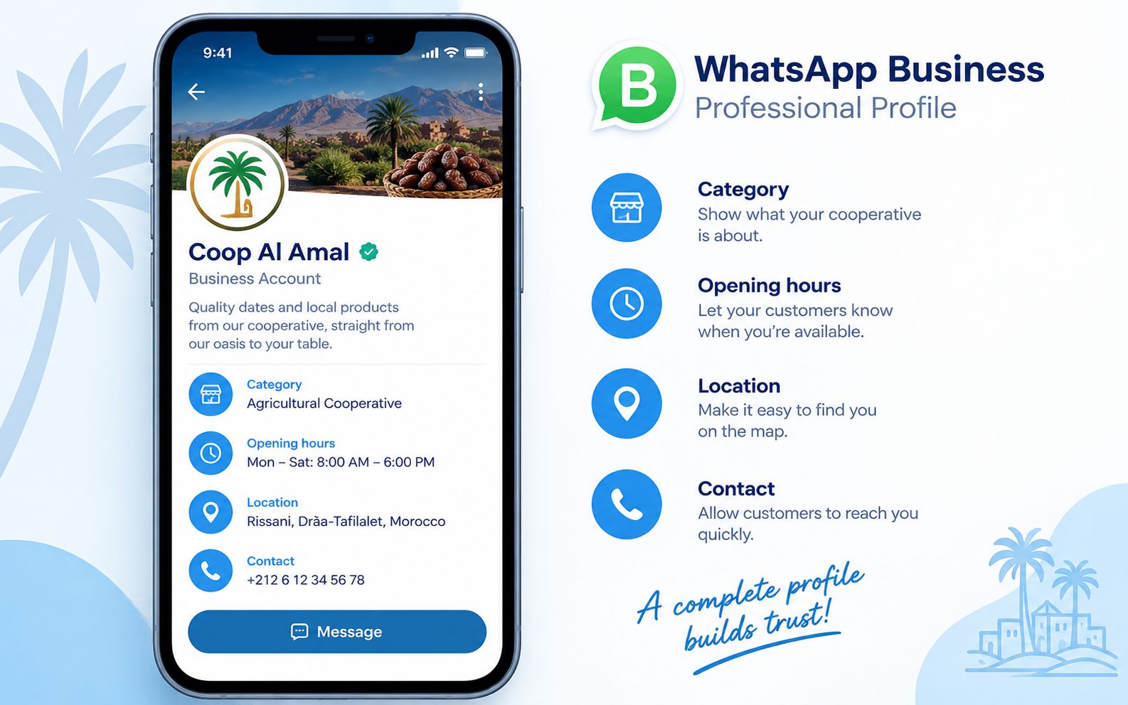 Complete WhatsApp Business professional profile for a Moroccan cooperative